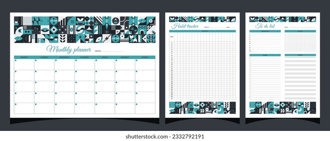 Planners set geometry. Monthly, habit tracker, to do list planners. Planners printable template with geometric shapes. Blank white notebook page A4. Vector illustration.