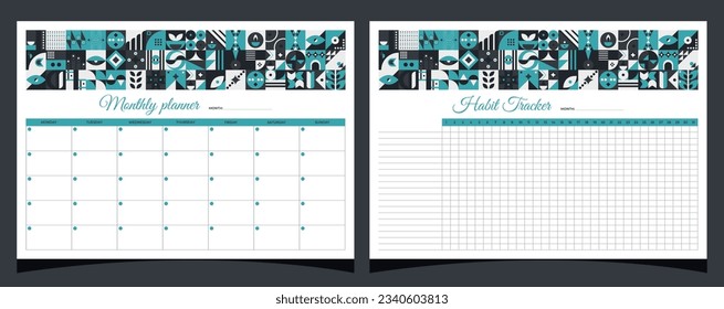 Planners set geometry. Monthly and habit tracker planners. Planners printable template with geometric shapes. Blank white notebook page A4. Vector illustration.