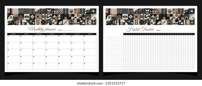 Planners set geometry. Monthly and habit tracker planners. Planners printable template with geometric shapes. Blank white notebook page A4. Vector illustration.