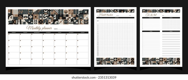 Planners set geometry. Monthly, habit tracker, to do list planners. Planners printable template with geometric shapes. Blank white notebook page A4. Vector illustration.