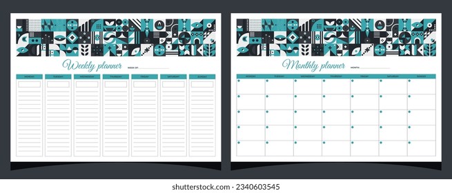 Planners set geometry. Monthly and weekly planners. Planners printable template with geometric shapes. Blank white notebook page A4. Vector illustration.