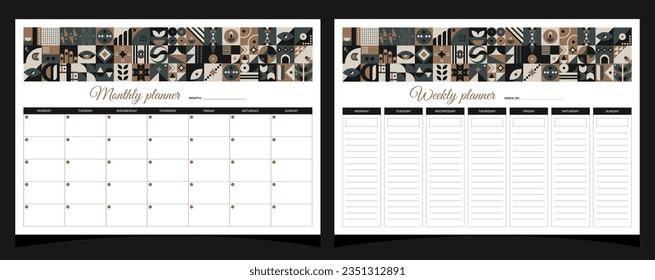 Planners set geometry. Monthly and weekly planners. Planners printable template with geometric shapes. Blank white notebook page A4. Vector illustration.