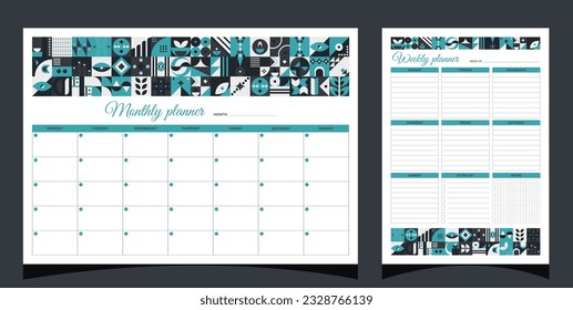 Planners set geometry. Monthly and weelky planners. Planners printable template with geometric shapes. Blank white notebook page A4. Vector illustration.