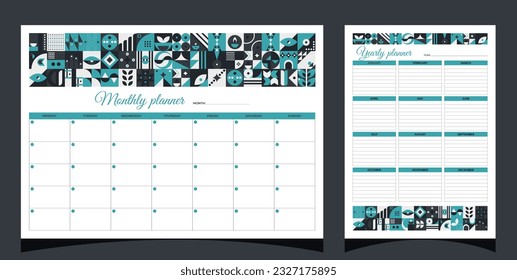 Planners set geometry. Monthly and yearly planners. Planners printable template with geometric shapes. Blank white notebook page A4. Vector illustration.