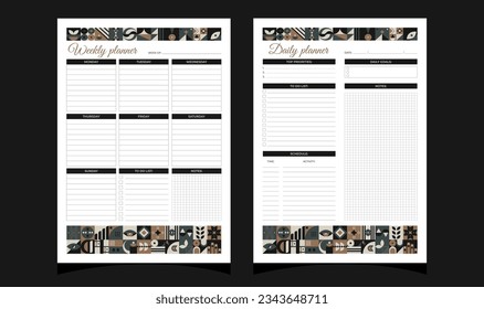 Planners set geometry. Weekly and daily planners.  Planners printable template with geometric shapes. Blank white notebook page A4. Vector illustration.