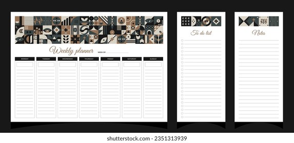 Planners set geometry. Weekly, to do list and notes planners. Planners printable template with geometric shapes. Blank white notebook page A4. Vector illustration.