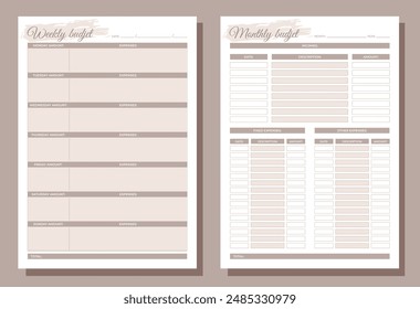Planificadores establecidos. Presupuesto semanal y mensual. Cuaderno blanco en blanco página A4. 