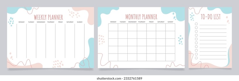 Planners and to-do list worksheet design template set. Blank printable goal setting sheets. Time management. Scheduling pages for organizing personal tasks. Amatic SC Bold, Oxygen Regular fonts used