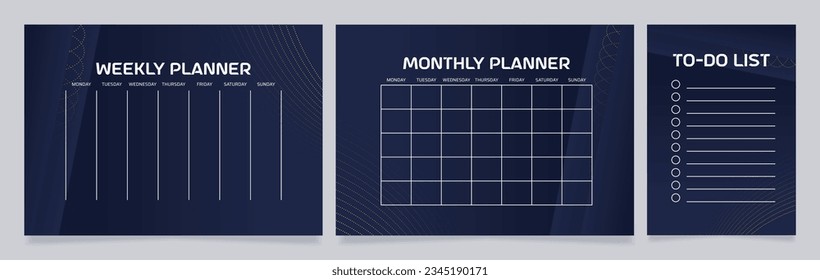 Planners worksheet design template set. Printable goal setting sheet. Editable time management sample. Scheduling page for organizing personal tasks. Astro Space Regular, Saira Light fonts used
