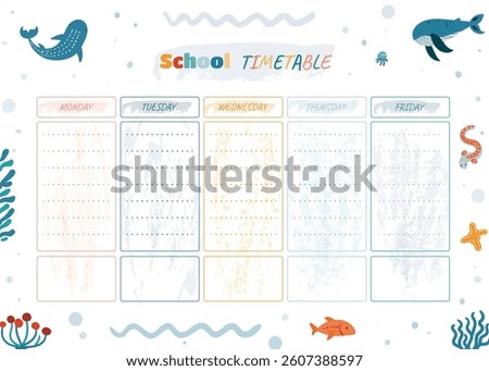 Planner,School Timetable Vector Background with Sea Animals