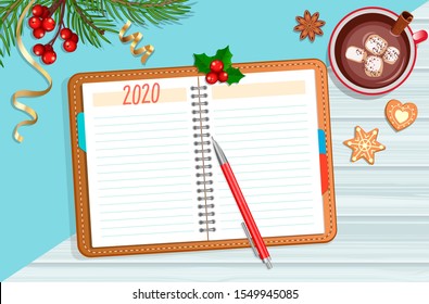 Planning 2020 year. Planner, pencil, tea and christmas accessories. Schedule and calendar concept. To do and wish list in new year. Starting New Year with changes. Vector illustration.