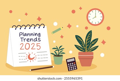 Planning 2025 trends new year symbol. The words planning 2025 Trends on white note on yellow paper background. Black calculator and clock. Business 2025 trends new year concept.