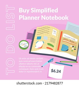 Planning and achieving goals with simplified planners and organizers. Sale and discounts on to do lists, journal for tracking success and personal development and growth. Vector in flat style