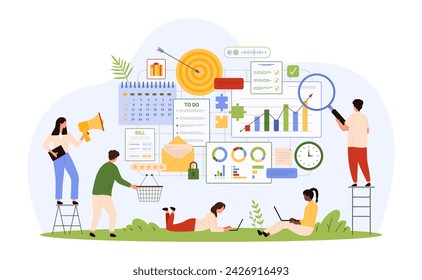 Planning, administration and workflow management. Tiny busy people with magnifying glass and megaphone working with online documents to organize and plan work tasks cartoon vector illustration