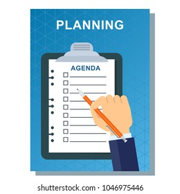 Planning and agenda concept in business poster design. Flat vector cartoon illustration. Objects on blue background.