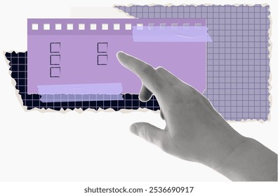 Planung der Tagesordnung. Eine Hand zeigt auf eine Liste von Daten auf einer Papiernote. Finanzprojekt, Planer, Geschäftsformular, Bericht. Frist, Organisation wichtiger Angelegenheiten. Zeitgenössische Vektorcollage.