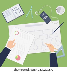 Planning. Agile concept, top view business plan or startup project. Hands drawing financial schemes vector illustration