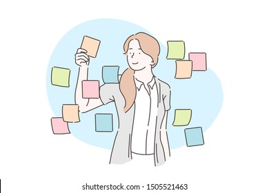 Planning, analysis, business plan concept. Businesswoman sticking adhesive notes on wall in office. A young girl glues paper stickers on the glass. Vector flat design.