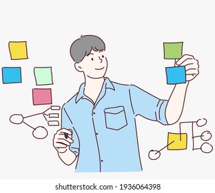 Planning, analysis, business plan concept. Businessman sticking adhesive notes on glass wall in office. Hand drawn in thin line style, vector illustrations.