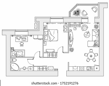 Planning of the apartment with arrangement furniture. Architectural drawing of the house (top view). Interior design  floor plan from above. Vector layout