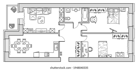 Planning of the apartment with arrangement furniture. Architectural drawing of the house (top view). Interior design  floor plan from above. Vector layout