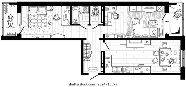 Planning of the apartment with arrangement furniture. Architectural drawing of the house (top view). Interior design  floor plan from above. Vector layout