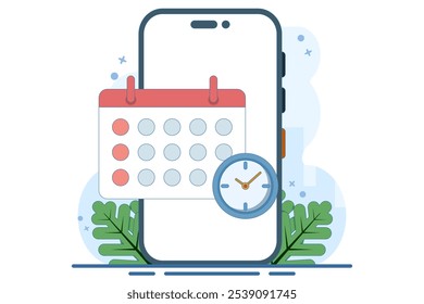 Concepto de App de planificación en pantalla. Calendario y calendario de planificación. Gestión del tiempo, App de planificación del trabajo. Calendario, horario, cita. Ilustración vectorial plana sobre fondo.