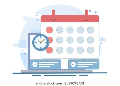 Planning app concept on screen. Planning schedule and calendar. Time management, work planning app. Calendar, schedule, appointment. Flat vector illustration on background.