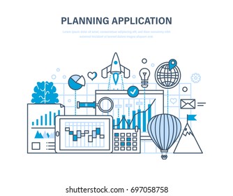 Planning application. Programming, coding online, web courses, internet, web design, mobile and desktop app development process. Illustration thin line design of vector doodles, infographics elements.
