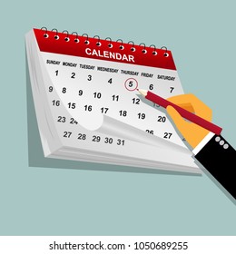 Planning, appointment, hand with the pen making notes on calendar, vector illustration 
