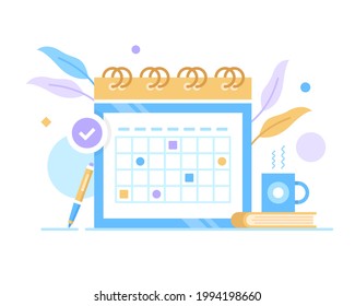 Planning, appointment, time management. Vector illustration. Calendar with marks. Important event, schedule, agenda, meeting, reminder concepts