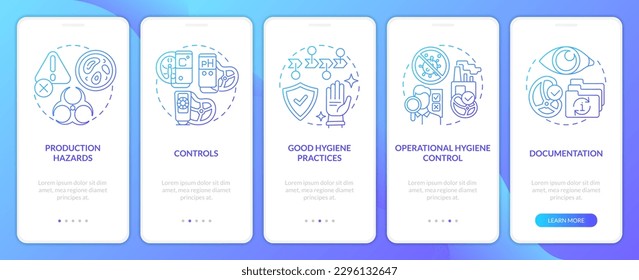 Planning approach to HACCP blue gradient onboarding mobile app screen. Safety walkthrough 5 steps graphic instructions with linear concepts. UI, UX, GUI template. Myriad Pro-Bold, Regular fonts used