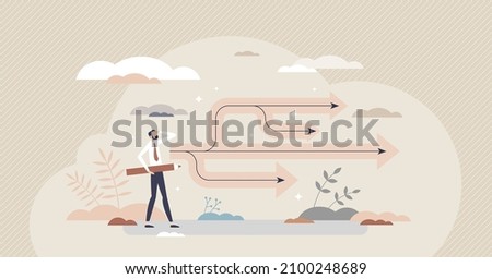 Planning backup with possible business scenario options tiny person concept. Various solutions and options as successful preparation for future risks vector illustration. Possible alternative path.