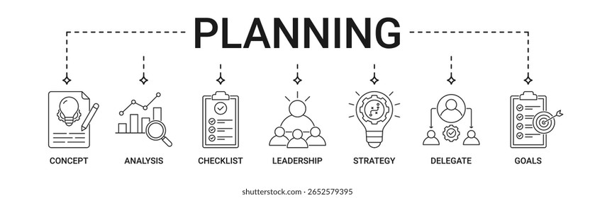 Planning banner with concept, analysis, checklist, leadership, strategy, delegate, goals icon set