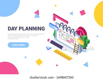 Planning Planning Banner Concept. Can Be Used For Web Banner, Infographic. Flat Isometric Vector Illustration Isolated On White Background. Effective Day Planning. Time Distribution.Mark Your Calendar