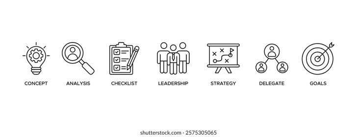 Planning Banner web icon illustration with icons of concept, analysis, checklist, leadership, strategy, delegate and goals