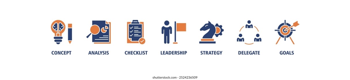 Concepto de Ilustración vectorial del conjunto de iconos de Web de Anuncio de planificación con el icono de concepto, análisis, lista de comprobación, liderazgo, estrategia, delegado e iconos de objetivos