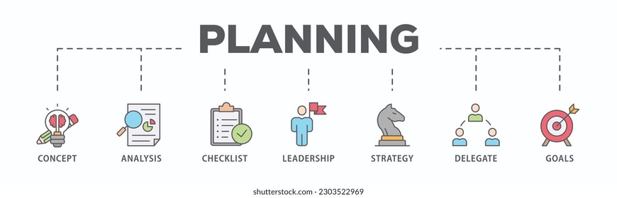 Planning banner web icon vector illustration concept with icon of concept, analysis, checklist, leadership, strategy, delegate and goals
