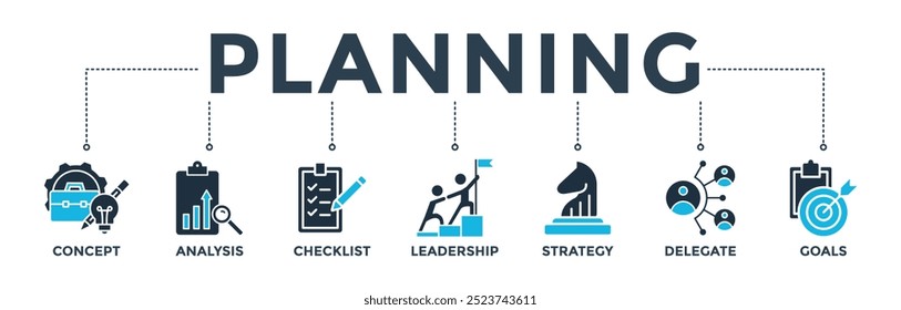 Planejando o conceito de ilustração vetorial de ícone da Web com ícone de conceito, análise, lista de verificação, liderança, estratégia, delegado e metas