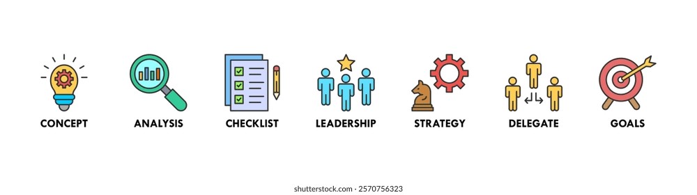 Planning banner web icon vector illustration concept with icon of concept, analysis, checklist, leadership, strategy, delegate and goals