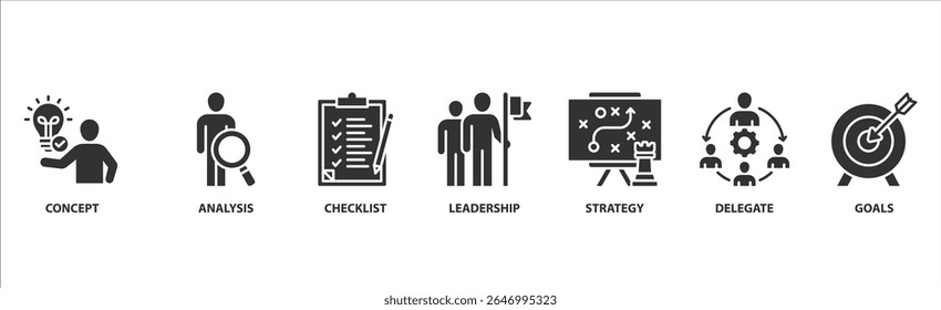 Concepto de Ilustración vectorial de íconos de Web de Anuncio de planificación con ícono de concepto, análisis, lista de verificación, liderazgo, estrategia, delegado y objetivos.