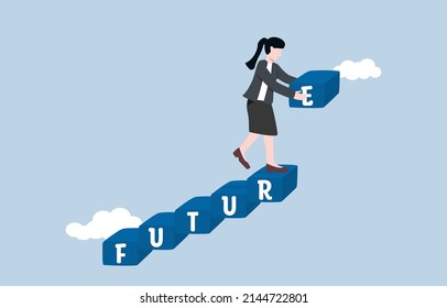 Planning for better future, self development to achieve higher target, career growth, business or investment success. Ambitious businesswoman build stair of future progress by herself. 