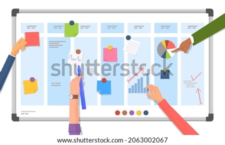Planning board. Company work strategy, programming project plan. Team make schedule, managers collaboration. Discuss working week decent vector concept