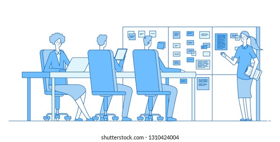 Planning board meeting. People training at task board inside office classroom. Teamwork business vector line concept