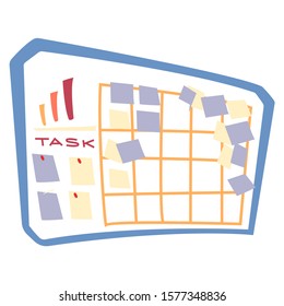 Planning board with notes and stickers vector. Taskboard with appointments and events at work. Working efficiency increasing, controlling completion of tasks. Planning and making strategies at job
