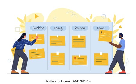 Planning board people concept. Colleagues with files with goals. Time management and planning, organizing effective work process. Cartoon flat vector illustration isolated on white background