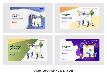 Planning board set. Business team working on project tasks, sticking notes. Flat vector illustrations. Management, brainstorming, schedule concept for banner, website design or landing web page