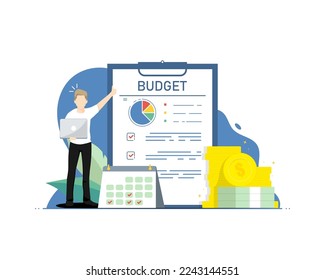 Planning budget concept, Human standing with calendar, Digital marketing illustration.