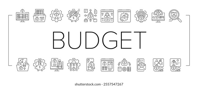 planning budget finance income icons set vector. investment cashflow, management optimization, prioritization tracking planning budget finance income black contour illustrations