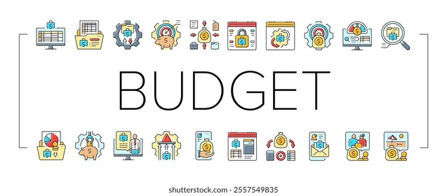 planning budget finance income icons set vector. investment cashflow, management optimization, prioritization tracking planning budget finance income color line illustrations